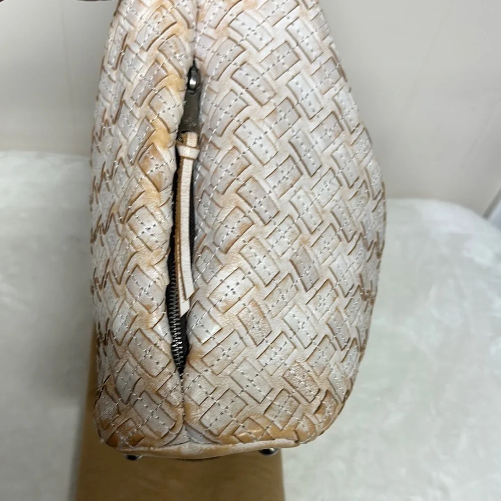PATRICIA NASH White & Brown BRAIDED STITCH Leather MARCELLINA Hobo Bag